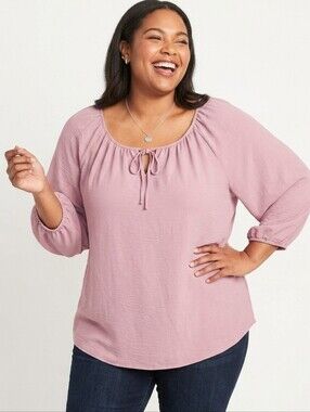 Como Blu Plus Size Mauve Tie-Neck Peasant Blouse